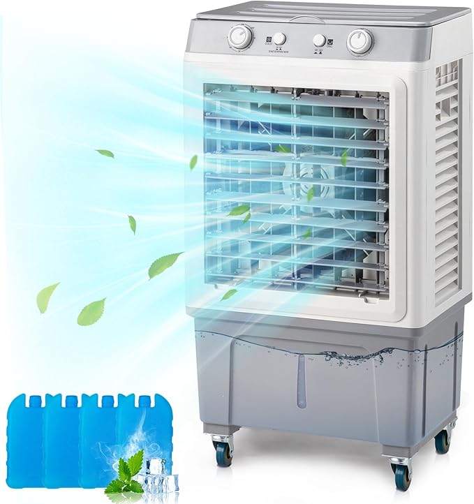 Portable Cooler w/Wheels, 2500 CFM Evaporative Air Cooler w/ 8 Gallon Water Tank, 3-in-1 Cooling Fan with 3 Speed & Auto Oscillation & 7.5H Timer for Home & Commercial