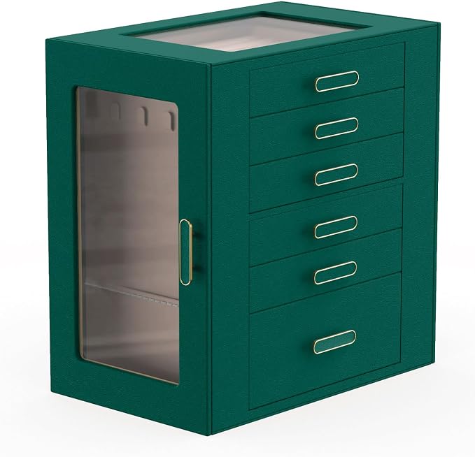 Jewelry Boxes for Women, 6 Layer Jewelry Organizer with Glass Lids, Jewelry Holder Organizer with 6 Drawers and 3 Glass Doors for Jewelry Storage, Big Jewelry Box for Womens Gift