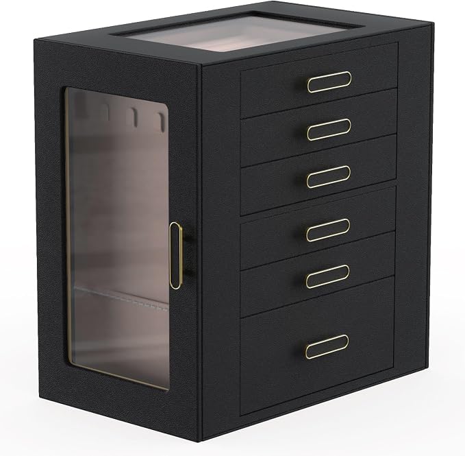 Jewelry Boxes for Women, 6 Layer Jewelry Organizer with Glass Lids, Jewelry Holder Organizer with 6 Drawers and 3 Glass Doors for Jewelry Storage, Big Jewelry Box for Womens Gift