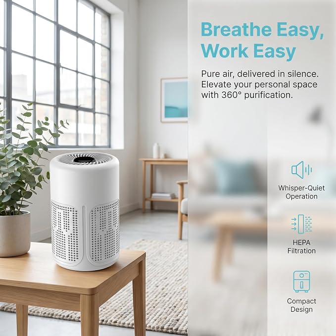 Portable Air Purifier for Home & Office, 360° Air Intake, Quiet Operation, Compact Desktop Air Cleaner for Bedroom, Living Room, Office & Small Rooms, White
