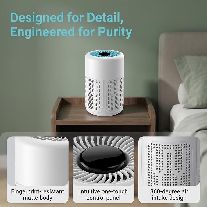 Portable Air Purifier for Home & Office, 360° Air Intake, Quiet Operation, Compact Desktop Air Cleaner for Bedroom, Living Room, Office & Small Rooms, White