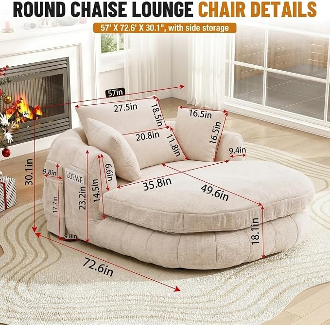 Oversized Chaise Lounge Chair, Deep Seat Chenille Lounge Boneless Sofa with Pillows, Indoor Reading Chair for Living Room, Bedroom or Reading Room, No Assembly Required