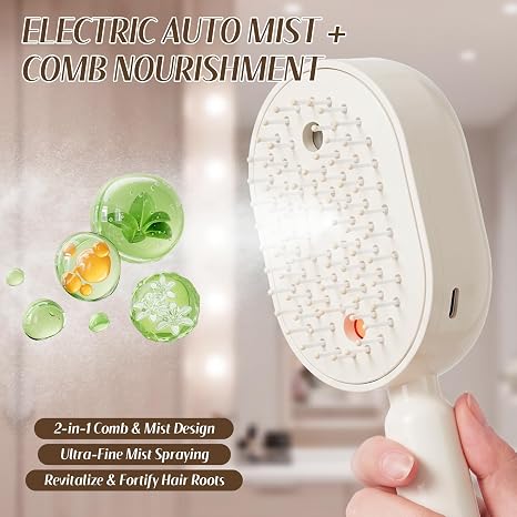 Electric Spray Hair Comb – 3-in-1 Steaming & Detangling Brush, Type-C Rechargeable, 10ml Refillable Tank for Water/Oil, Anti-Frizz, Hydrating for Dry/Curly Hair, Self-Cleaning (Cream)