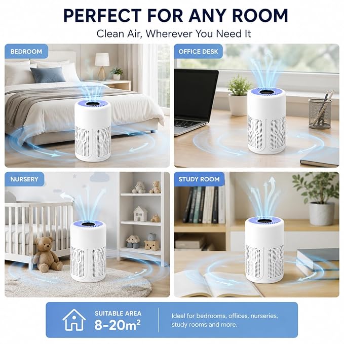 Portable Air Purifier for Home & Office, 360° Air Intake, Quiet Operation, Compact Desktop Air Cleaner for Bedroom, Living Room, Office & Small Rooms, White