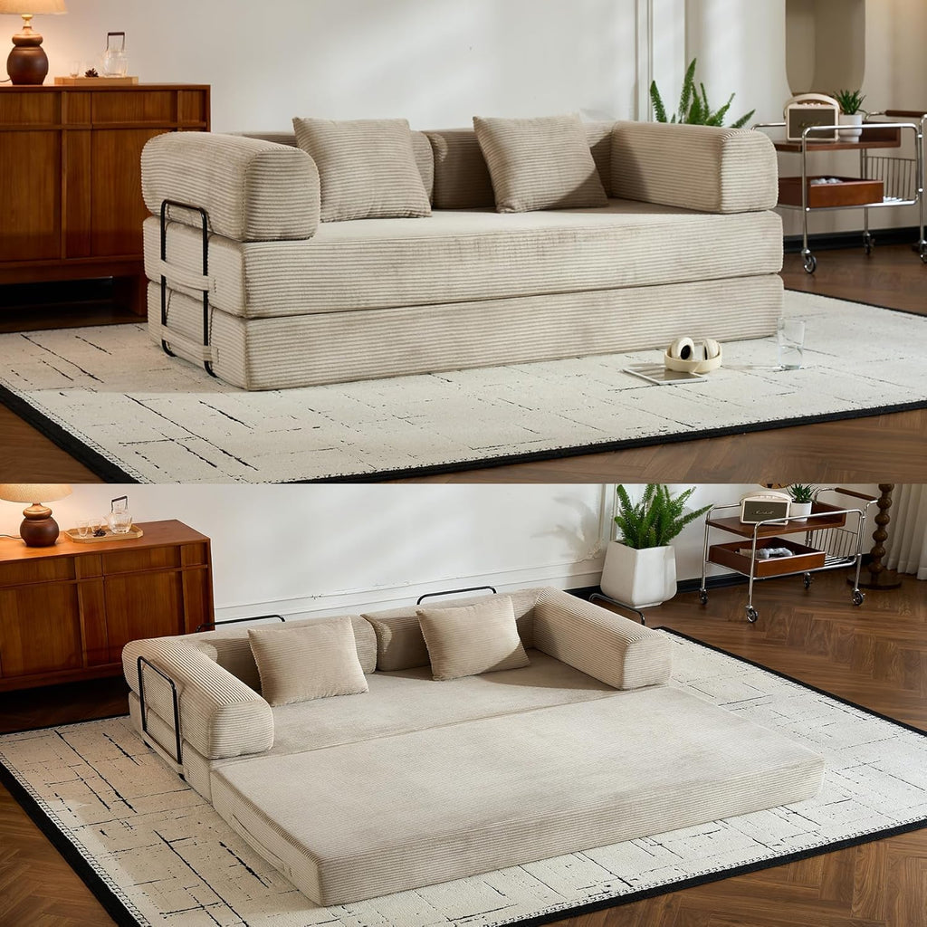 Convertible Sleeper Sofa Bed with Fixed-Shape Frame, Floor Sofa Couch with 2 Pillows, Corduroy Folding Mattress Couch for Living Room Bedroom Apartment Studio, Beige