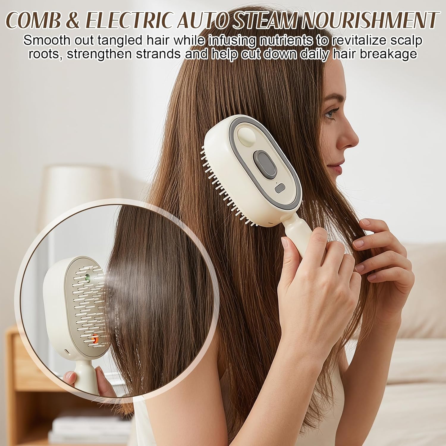 Electric Spray Hair Comb – 3-in-1 Steaming & Detangling Brush, Type-C Rechargeable, 10ml Refillable Tank for Water/Oil, Anti-Frizz, Hydrating for Dry/Curly Hair, Self-Cleaning (Cream)