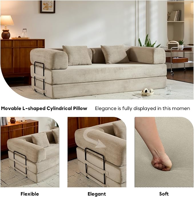 Convertible Sleeper Sofa Bed with Fixed-Shape Frame, Floor Sofa Couch with 2 Pillows, Corduroy Folding Mattress Couch for Living Room Bedroom Apartment Studio, Beige