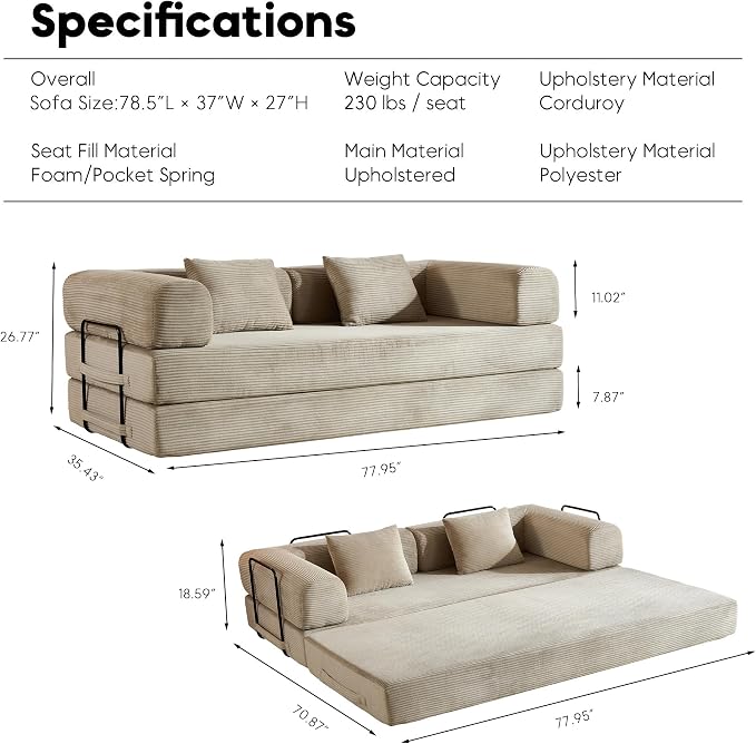 Convertible Sleeper Sofa Bed with Fixed-Shape Frame, Floor Sofa Couch with 2 Pillows, Corduroy Folding Mattress Couch for Living Room Bedroom Apartment Studio, Beige