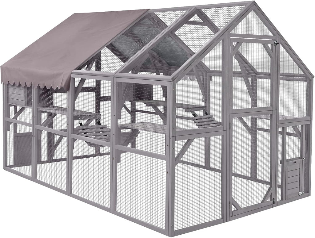 Large Outdoor Cat Enclosure with Bridges, Walkways & Resting Houses – Spacious Wooden Catio for Cats