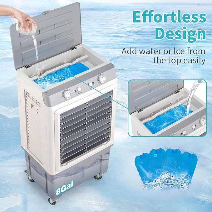 Portable Cooler w/Wheels, 2500 CFM Evaporative Air Cooler w/ 8 Gallon Water Tank, 3-in-1 Cooling Fan with 3 Speed & Auto Oscillation & 7.5H Timer for Home & Commercial