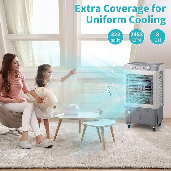 Portable Cooler w/Wheels, 2500 CFM Evaporative Air Cooler w/ 8 Gallon Water Tank, 3-in-1 Cooling Fan with 3 Speed & Auto Oscillation & 7.5H Timer for Home & Commercial