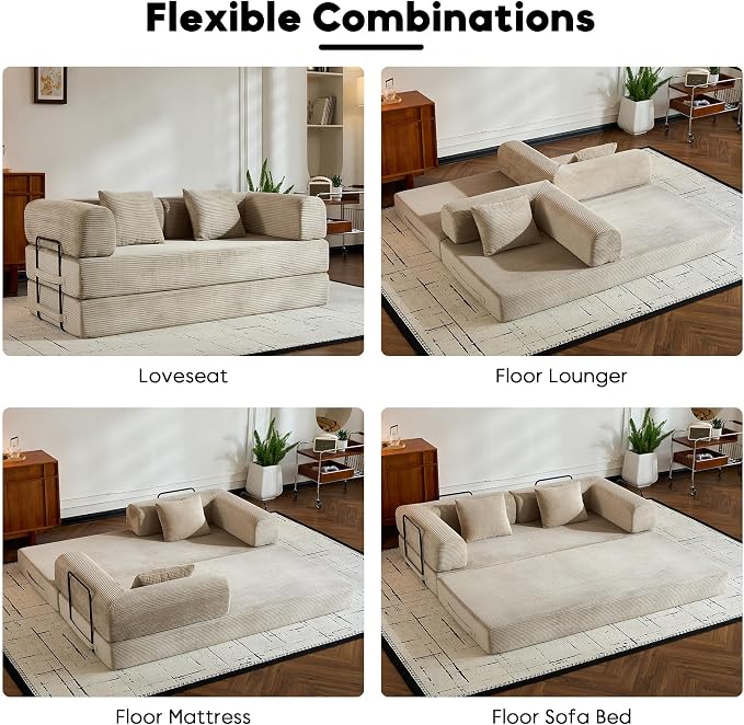 Convertible Sleeper Sofa Bed with Fixed-Shape Frame, Floor Sofa Couch with 2 Pillows, Corduroy Folding Mattress Couch for Living Room Bedroom Apartment Studio, Beige