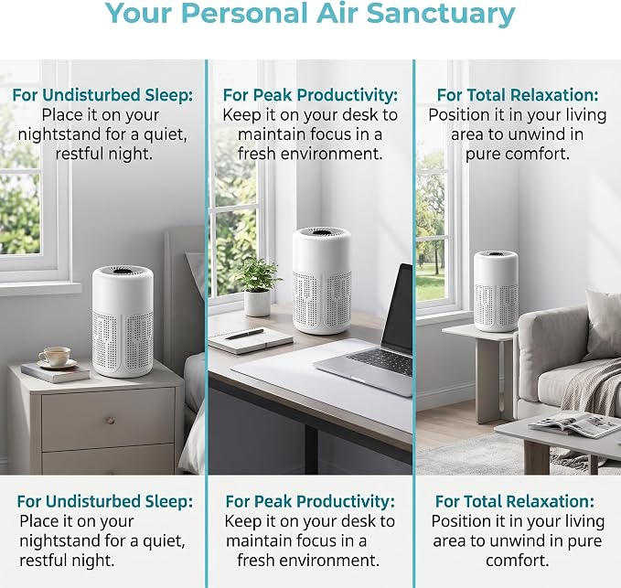 Portable Air Purifier for Home & Office, 360° Air Intake, Quiet Operation, Compact Desktop Air Cleaner for Bedroom, Living Room, Office & Small Rooms, White