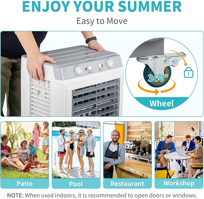 Portable Cooler w/Wheels, 2500 CFM Evaporative Air Cooler w/ 8 Gallon Water Tank, 3-in-1 Cooling Fan with 3 Speed & Auto Oscillation & 7.5H Timer for Home & Commercial