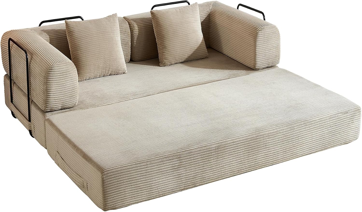 Convertible Sleeper Sofa Bed with Fixed-Shape Frame, Floor Sofa Couch with 2 Pillows, Corduroy Folding Mattress Couch for Living Room Bedroom Apartment Studio, Beige