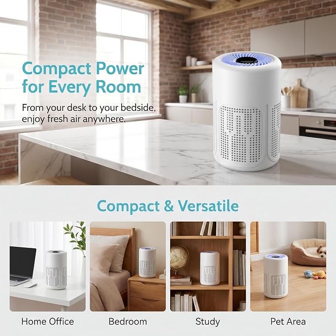 Portable Air Purifier for Home & Office, 360° Air Intake, Quiet Operation, Compact Desktop Air Cleaner for Bedroom, Living Room, Office & Small Rooms, White