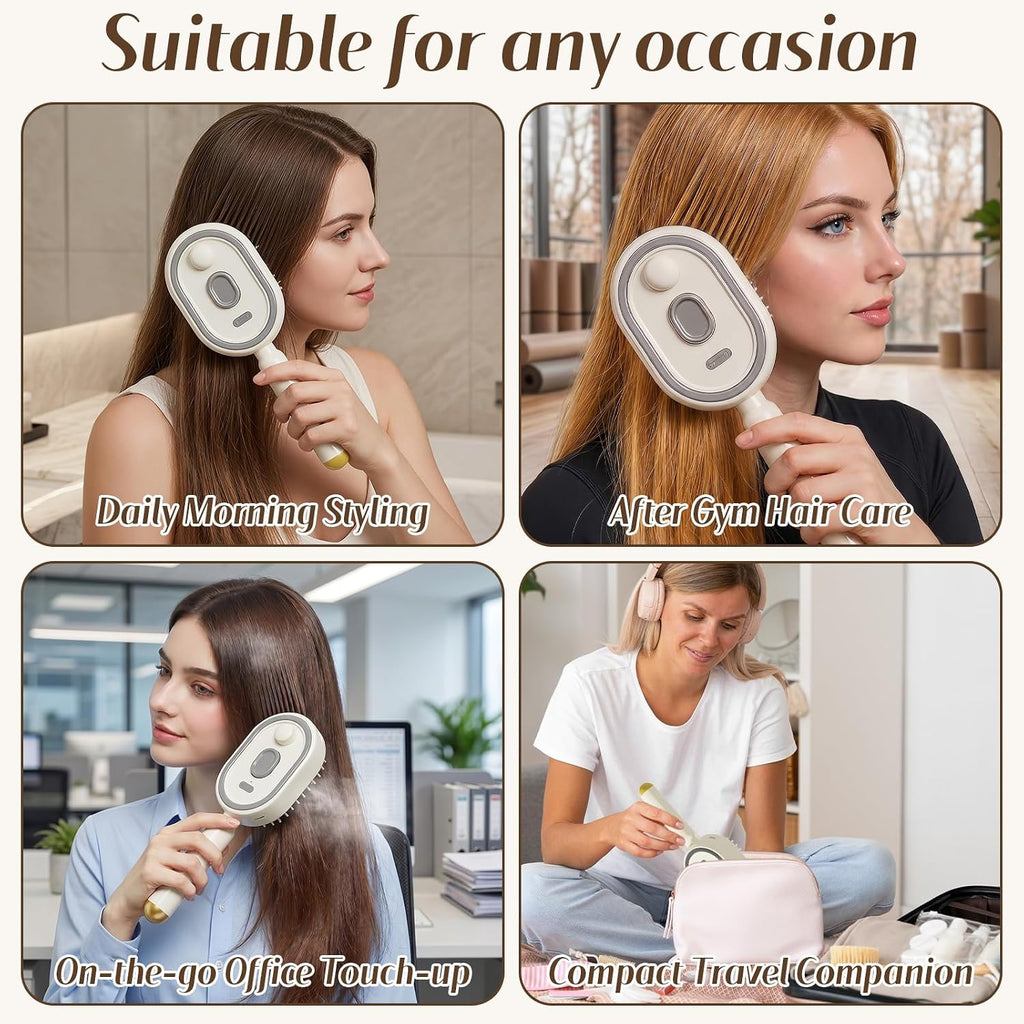 Electric Spray Hair Comb – 3-in-1 Steaming & Detangling Brush, Type-C Rechargeable, 10ml Refillable Tank for Water/Oil, Anti-Frizz, Hydrating for Dry/Curly Hair, Self-Cleaning (Cream)