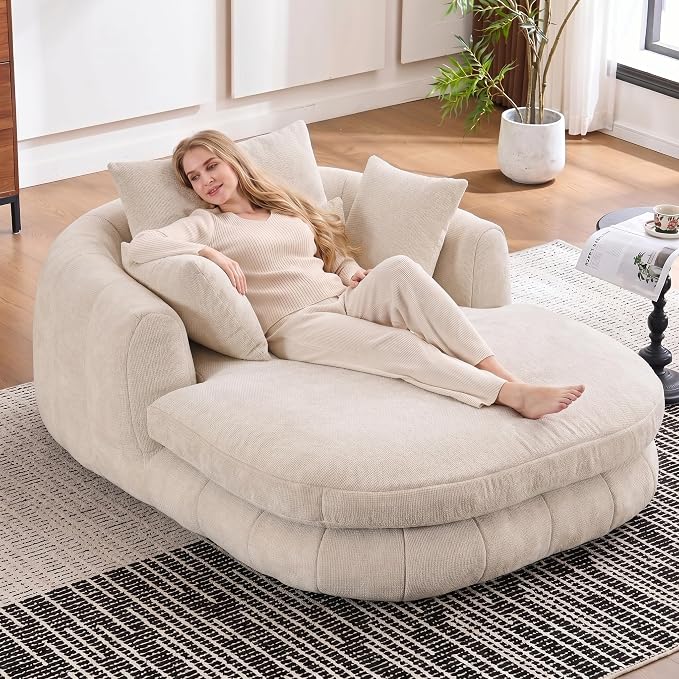 Oversized Chaise Lounge Chair, Deep Seat Chenille Lounge Boneless Sofa with Pillows, Indoor Reading Chair for Living Room, Bedroom or Reading Room, No Assembly Required