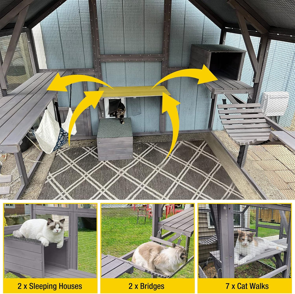 Large Outdoor Cat Enclosure with Bridges, Walkways & Resting Houses – Spacious Wooden Catio for Cats