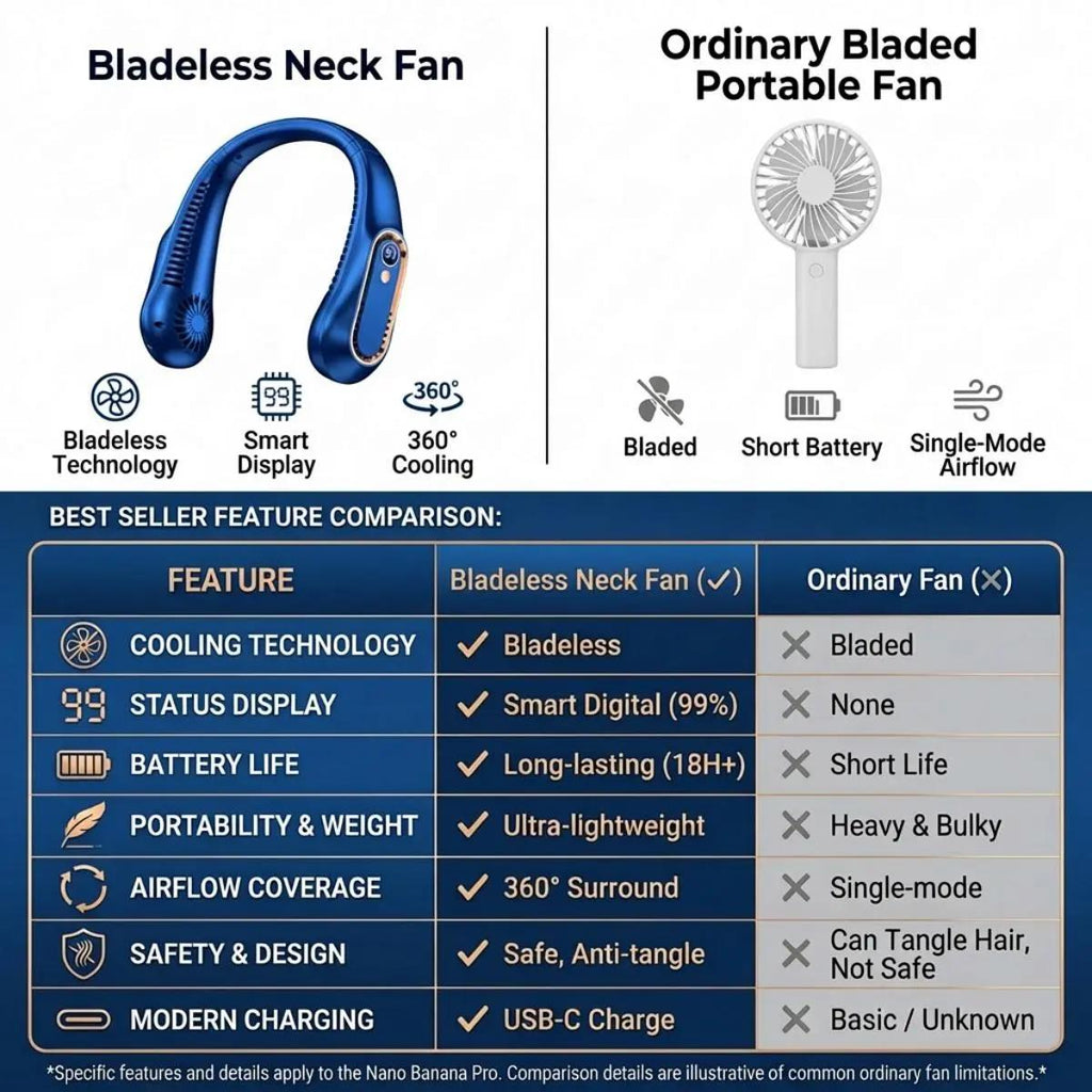 360° Airflow Portable Neck Fan – USB Rechargeable Hands-Free Cooling Fan for Travel, Office & Summer Outdoor Use