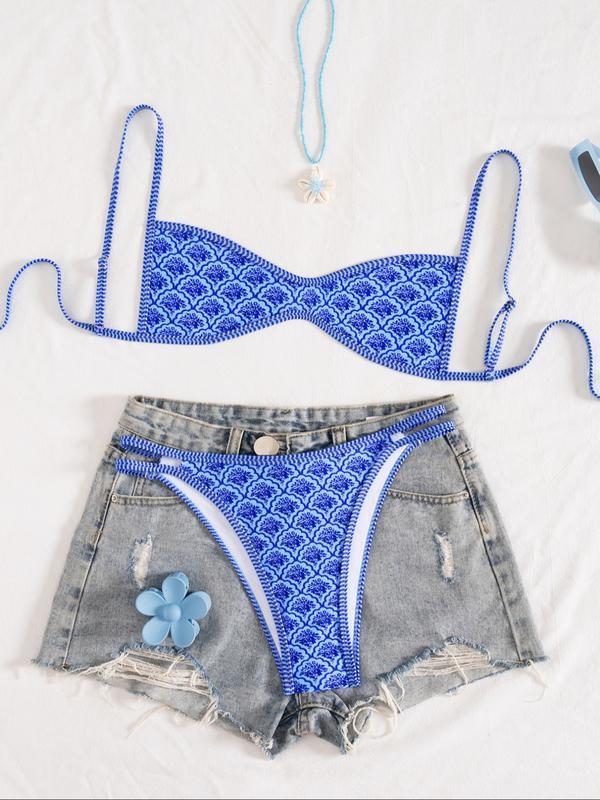 Two-Piece Set Women's Floral Print Bikini Set, Casual Fashion Chic Swimsuit Set for Beach Holiday Vacation, Ladies Summer Clothes