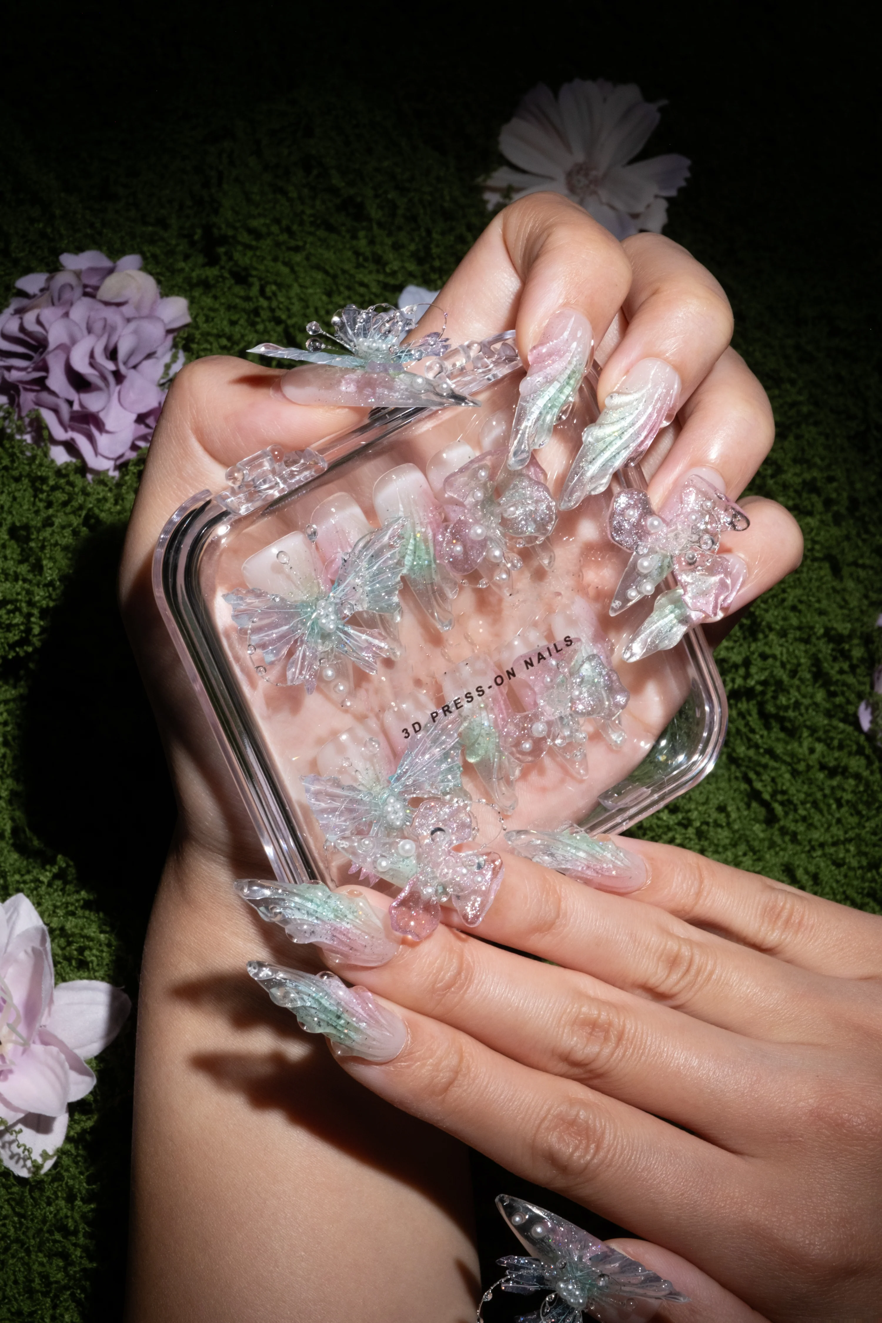 Ethereal 3D Butterfly Stiletto Press-On Nails – Sheer Blush & Mint Crystal Tips