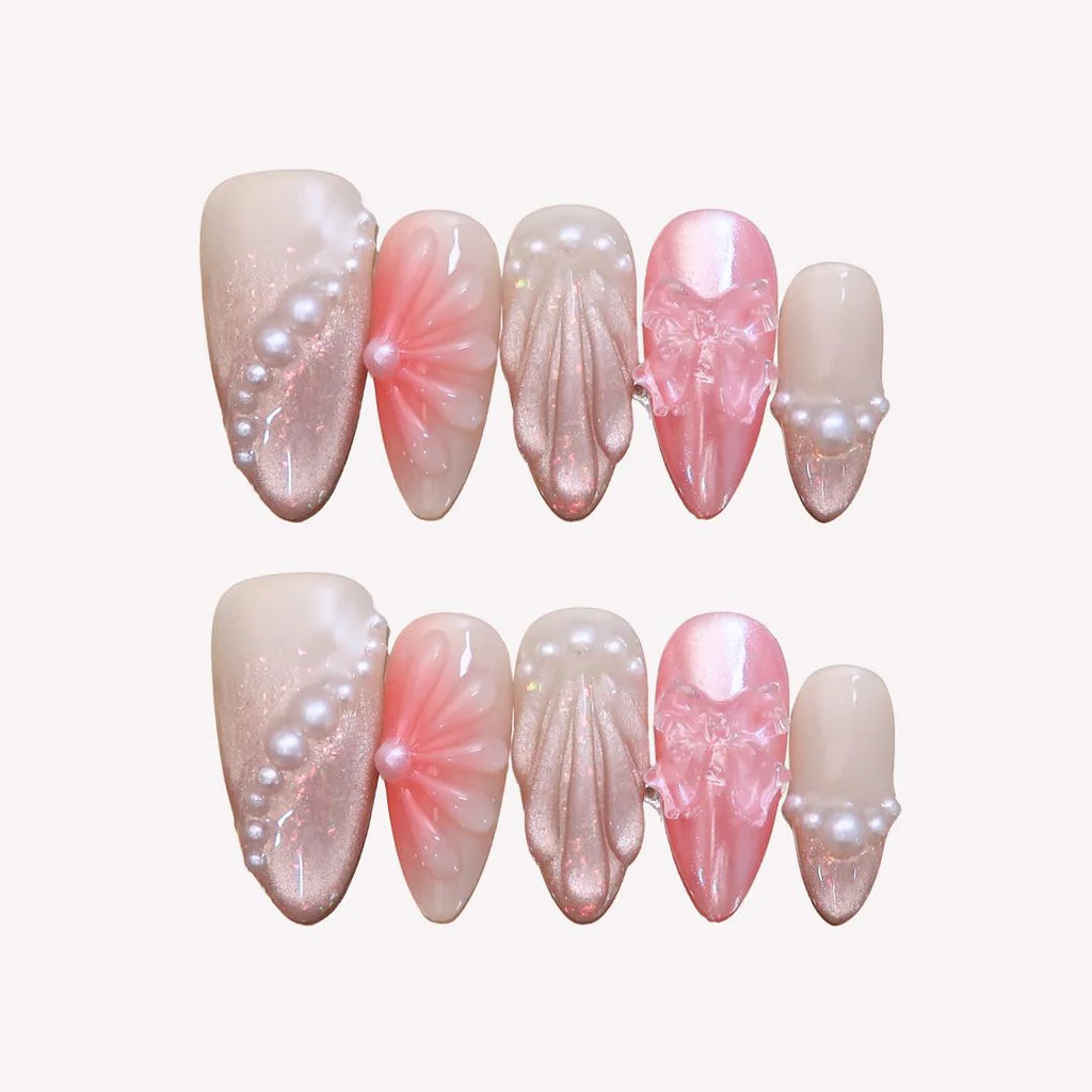Pink Cat-Eye Ocean Press-On Nails with Pearls & Butterfly Accents