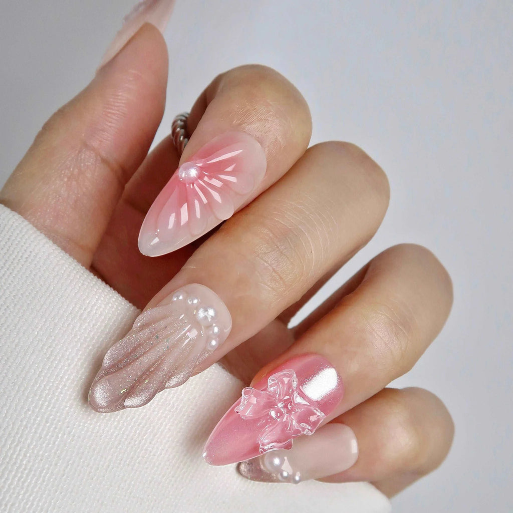 Pink Cat-Eye Ocean Press-On Nails with Pearls & Butterfly Accents