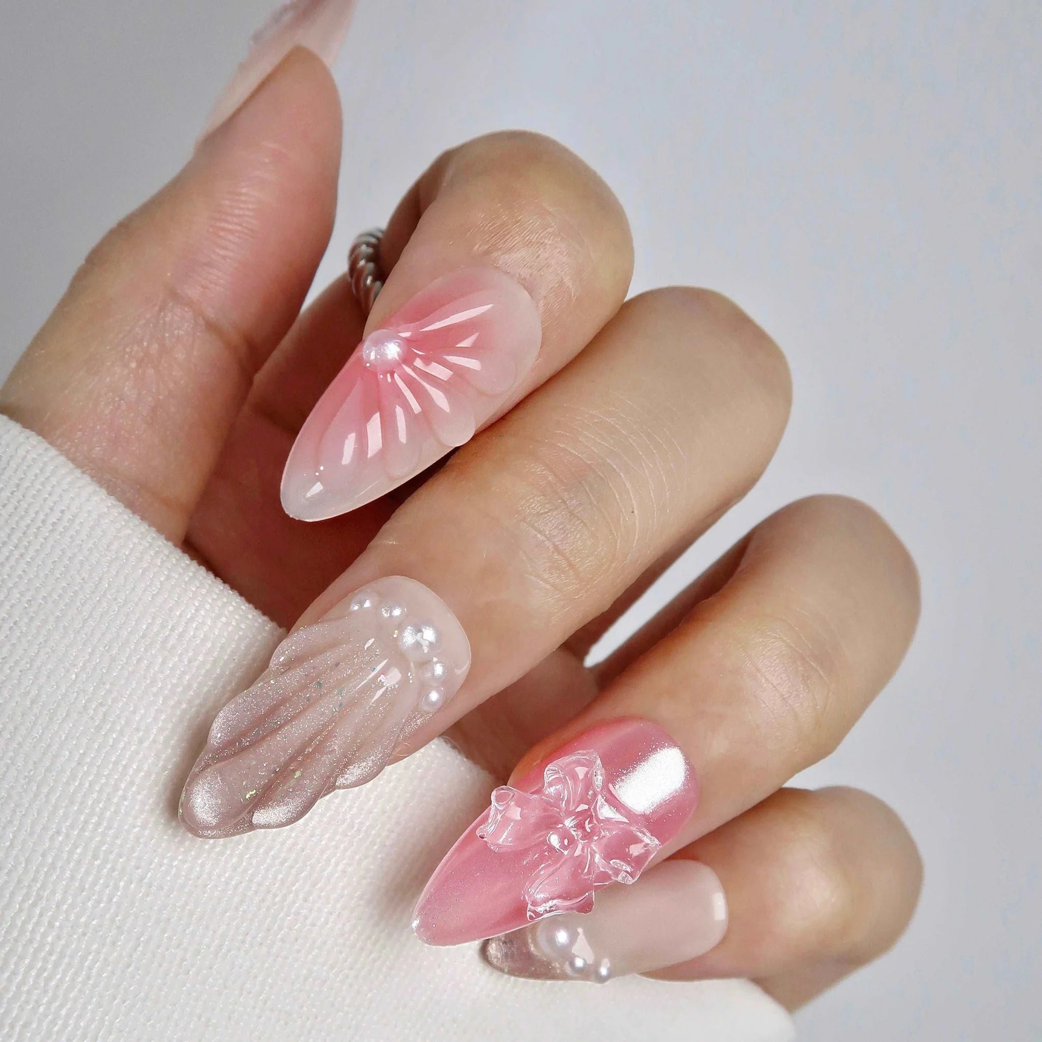 Pink Cat-Eye Ocean Press-On Nails with Pearls & Butterfly Accents