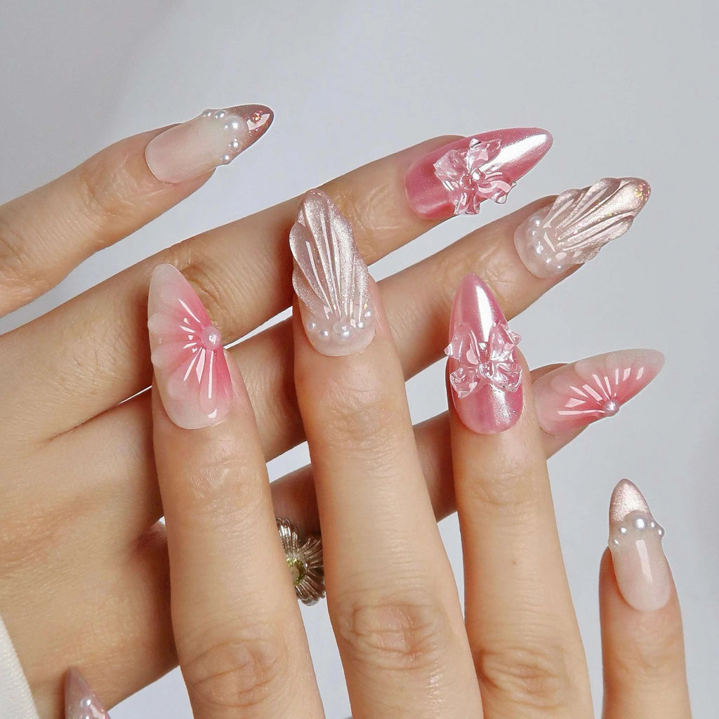 Pink Cat-Eye Ocean Press-On Nails with Pearls & Butterfly Accents