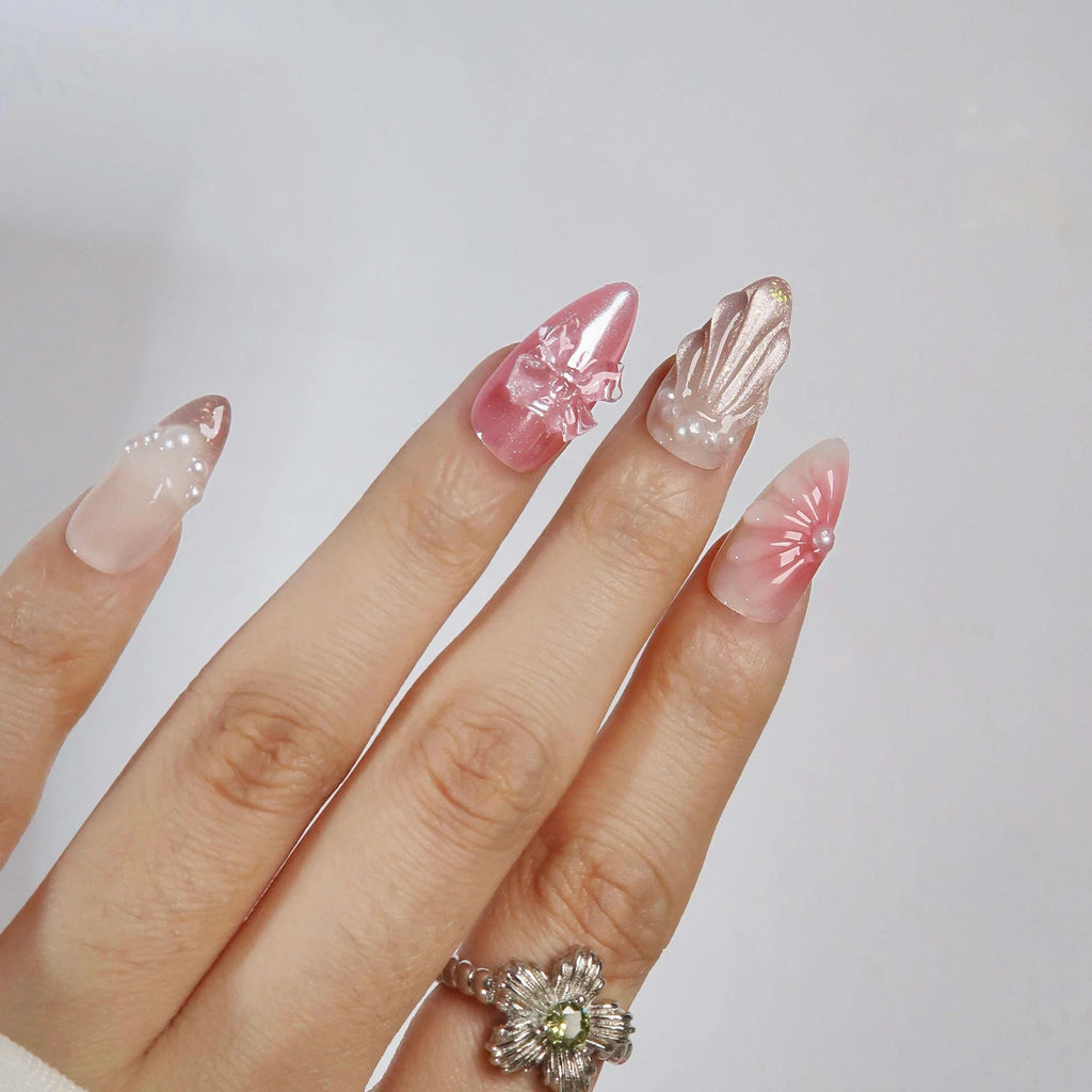 Pink Cat-Eye Ocean Press-On Nails with Pearls & Butterfly Accents