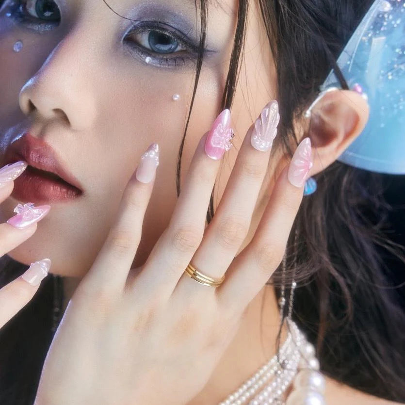 Pink Cat-Eye Ocean Press-On Nails with Pearls & Butterfly Accents