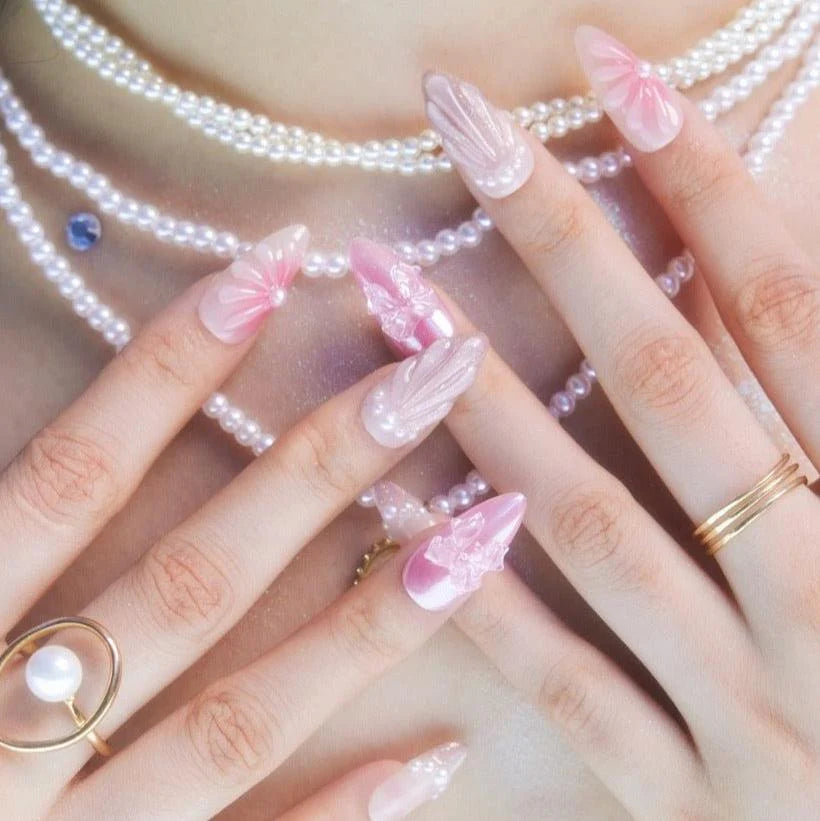 Pink Cat-Eye Ocean Press-On Nails with Pearls & Butterfly Accents