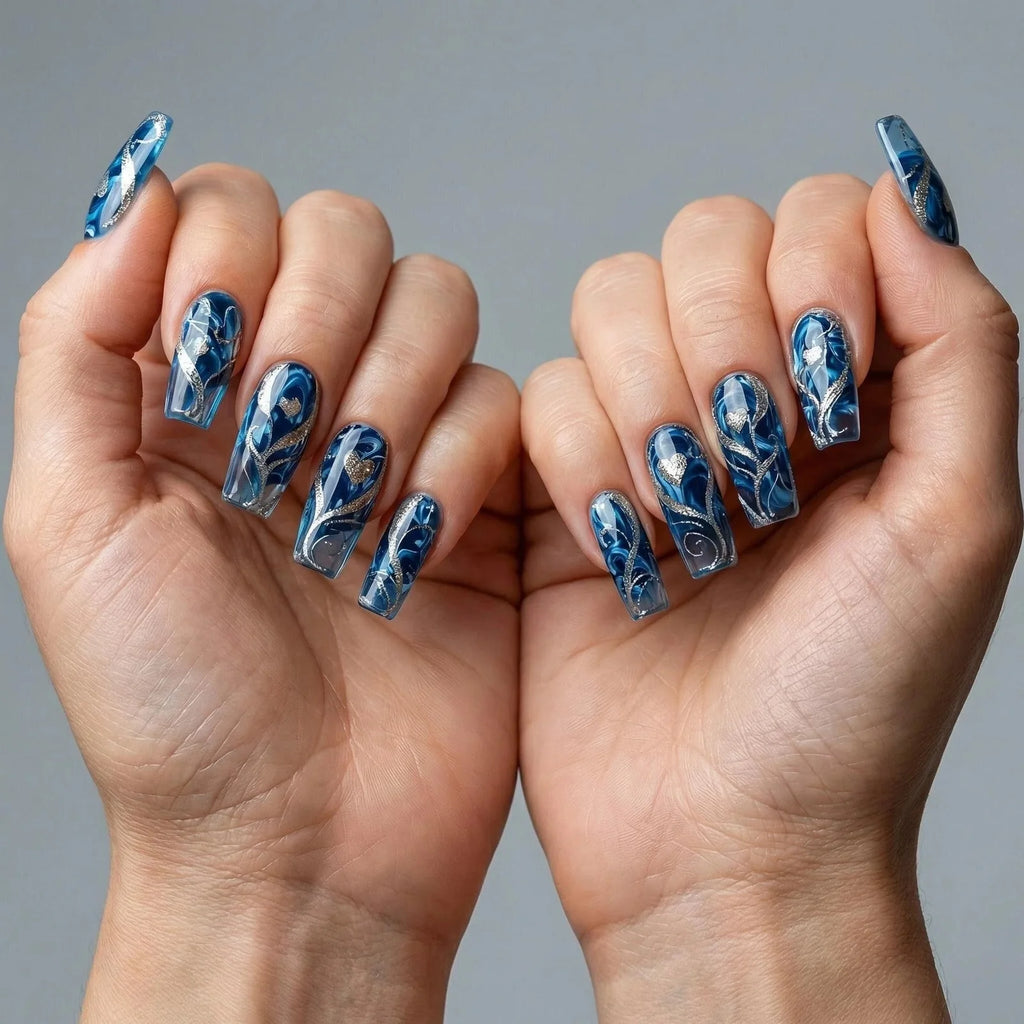 24pcs/Set Glitter Heart Blue Press-On Nails