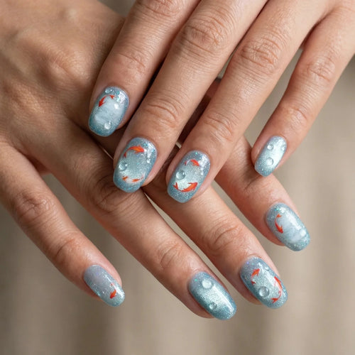 10pcs/Set Blue Ccean Goldfish Press on Nails