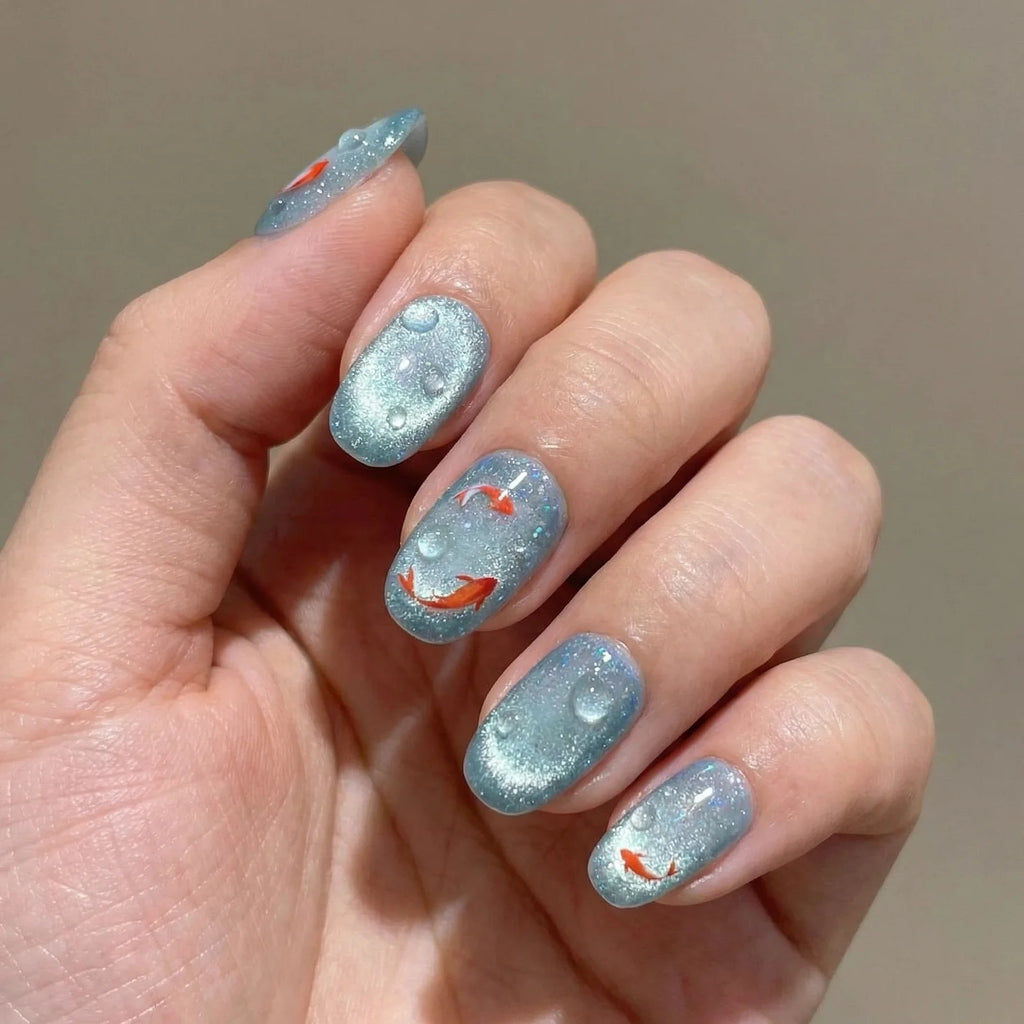 10pcs/Set Blue Ccean Goldfish Press on Nails