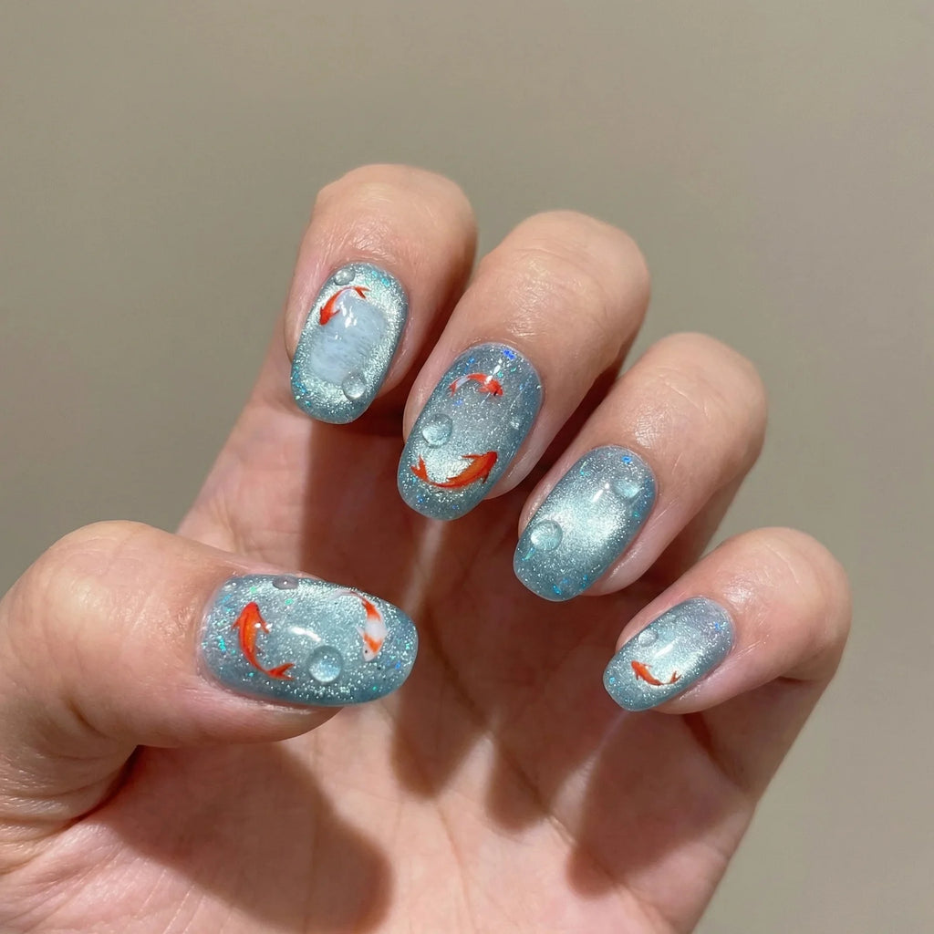 10pcs/Set Blue Ccean Goldfish Press on Nails