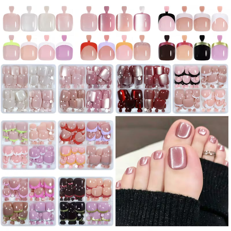 96pcs Press on Toenails 12 Sizes Short Square Fake Nails French Tip Solid Color Glossy Design Natural Fit Reusable False Toenails with Storage Box for Women Summer Beach Party