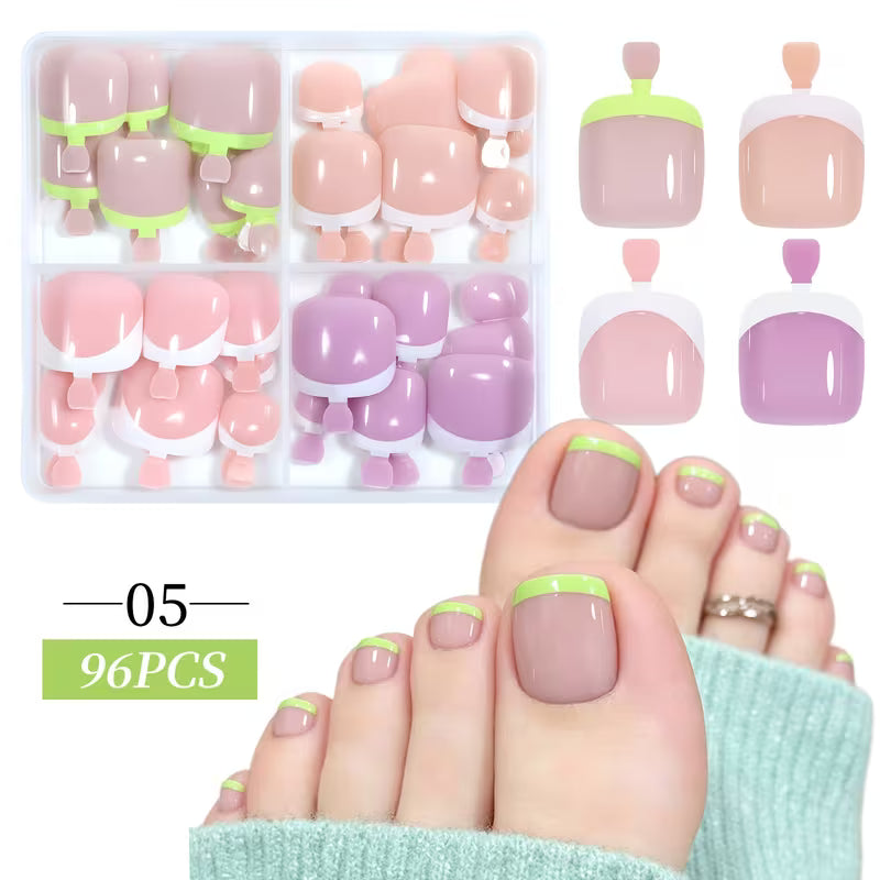 96pcs Press on Toenails 12 Sizes Short Square Fake Nails French Tip Solid Color Glossy Design Natural Fit Reusable False Toenails with Storage Box for Women Summer Beach Party