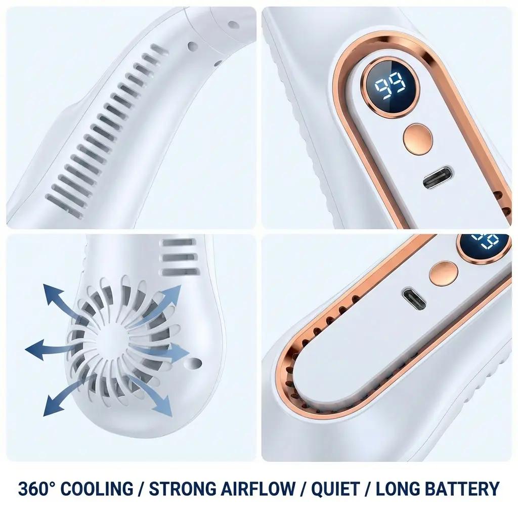 360° Airflow Portable Neck Fan – USB Rechargeable Hands-Free Cooling Fan for Travel, Office & Summer Outdoor Use