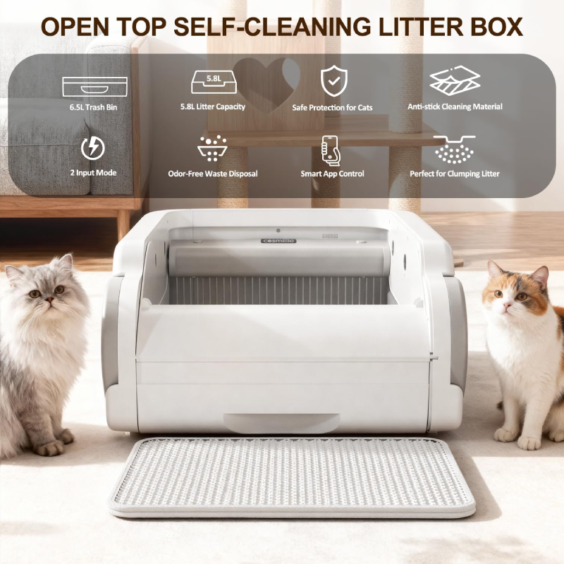 Open-Top Automatic Litter Box Self Cleaning Cat Litter Box Self-Cleaning Robot for Multiple Cats with Safety Sensors and APP Control for Large Cats