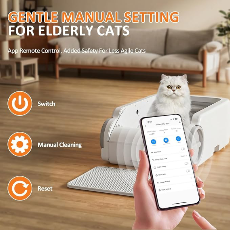 Open-Top Automatic Litter Box Self Cleaning Cat Litter Box Self-Cleaning Robot for Multiple Cats with Safety Sensors and APP Control for Large Cats