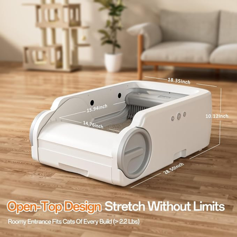 Open-Top Automatic Litter Box Self Cleaning Cat Litter Box Self-Cleaning Robot for Multiple Cats with Safety Sensors and APP Control for Large Cats