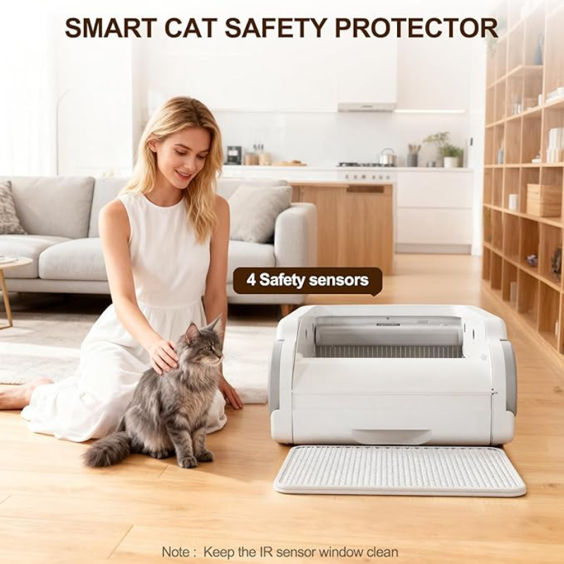 Open-Top Automatic Litter Box Self Cleaning Cat Litter Box Self-Cleaning Robot for Multiple Cats with Safety Sensors and APP Control for Large Cats