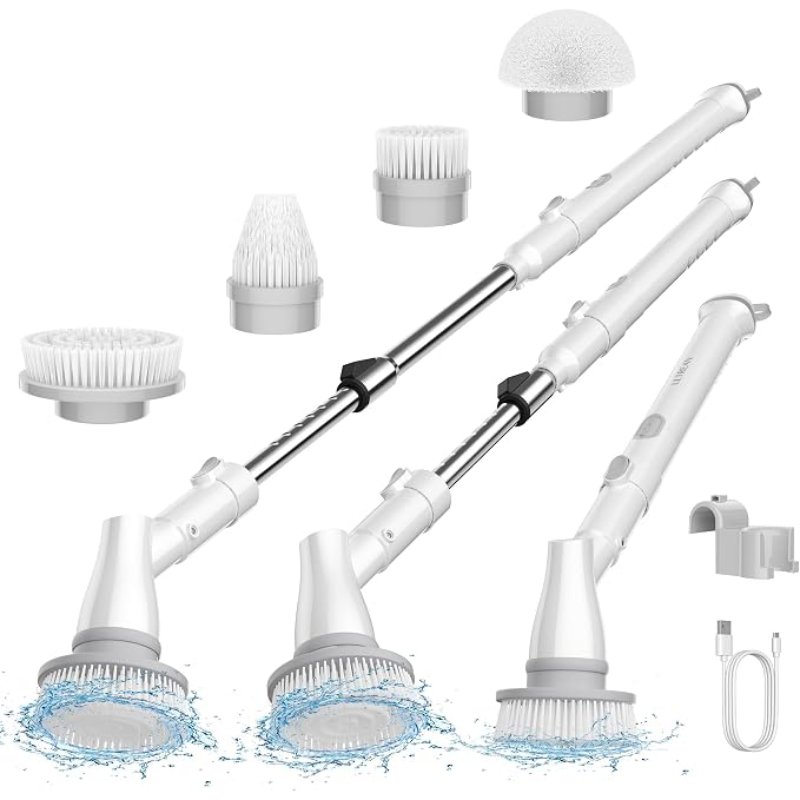 Cordless Electric Spin Scrubber with 4 Brush Heads, Adjustable Long Handle, 2 Speeds for Bathroom, Tile, Floor & Tub Cleaning