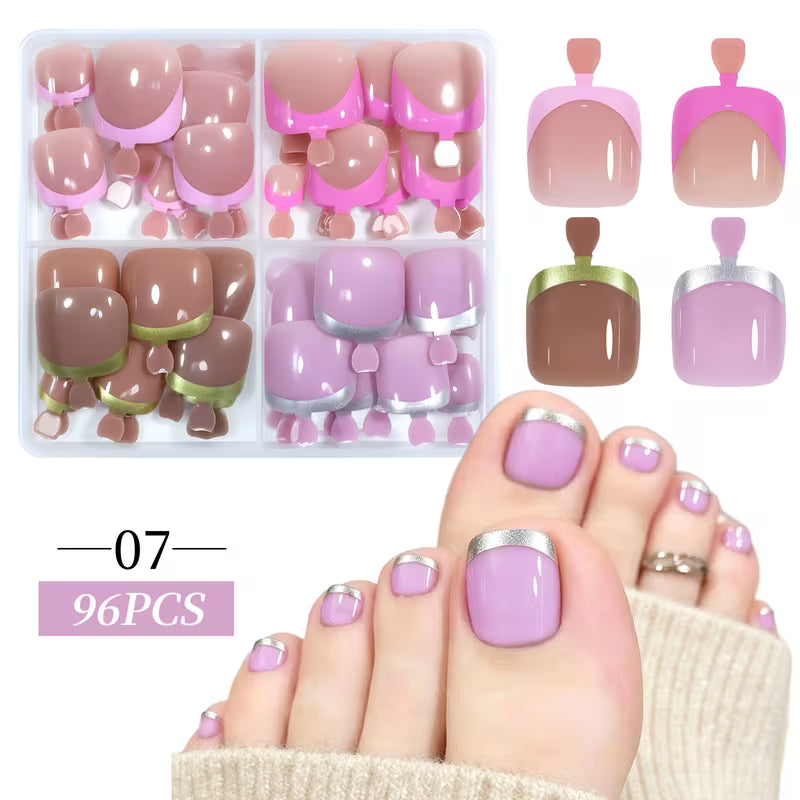 96pcs Press on Toenails 12 Sizes Short Square Fake Nails French Tip Solid Color Glossy Design Natural Fit Reusable False Toenails with Storage Box for Women Summer Beach Party