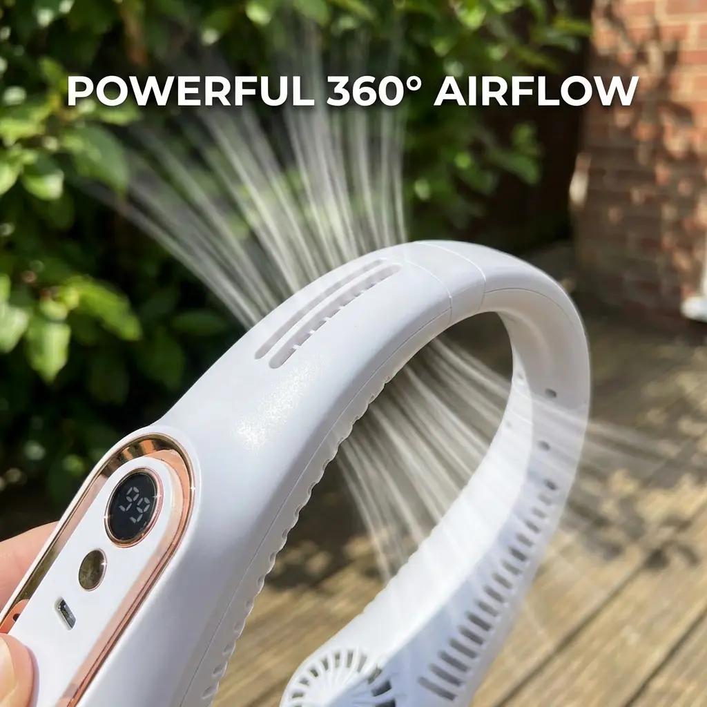 360° Airflow Portable Neck Fan – USB Rechargeable Hands-Free Cooling Fan for Travel, Office & Summer Outdoor Use