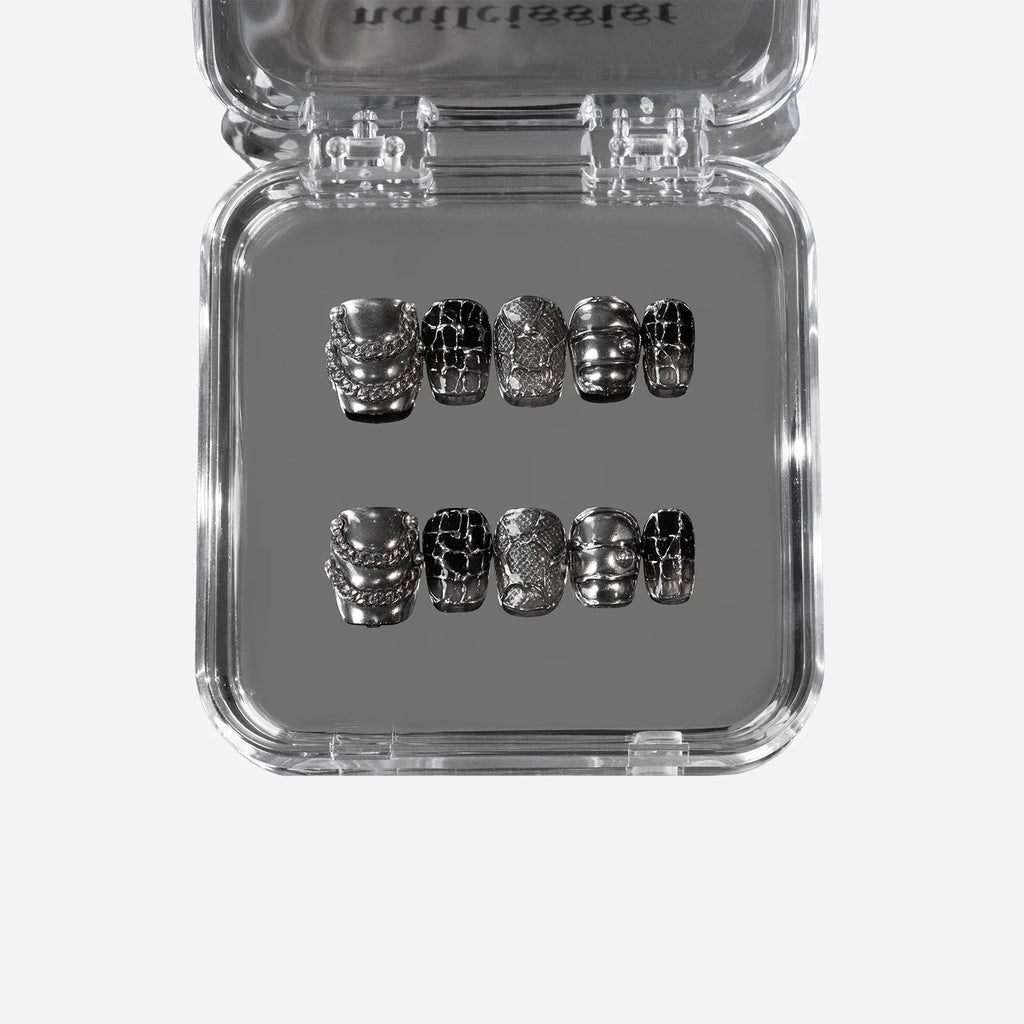 Custom Handmade Luxury Press-on Nails Gothic Black with 3D Silver Chrome Charms Y2K Almond Shape | Fake Gel Nails | Reusable Glue