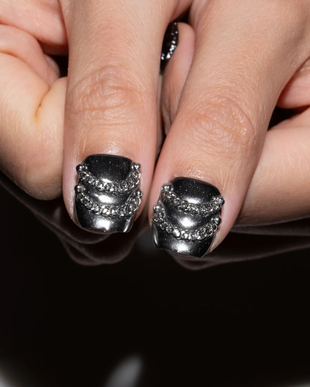 Custom Handmade Luxury Press-on Nails Gothic Black with 3D Silver Chrome Charms Y2K Almond Shape | Fake Gel Nails | Reusable Glue