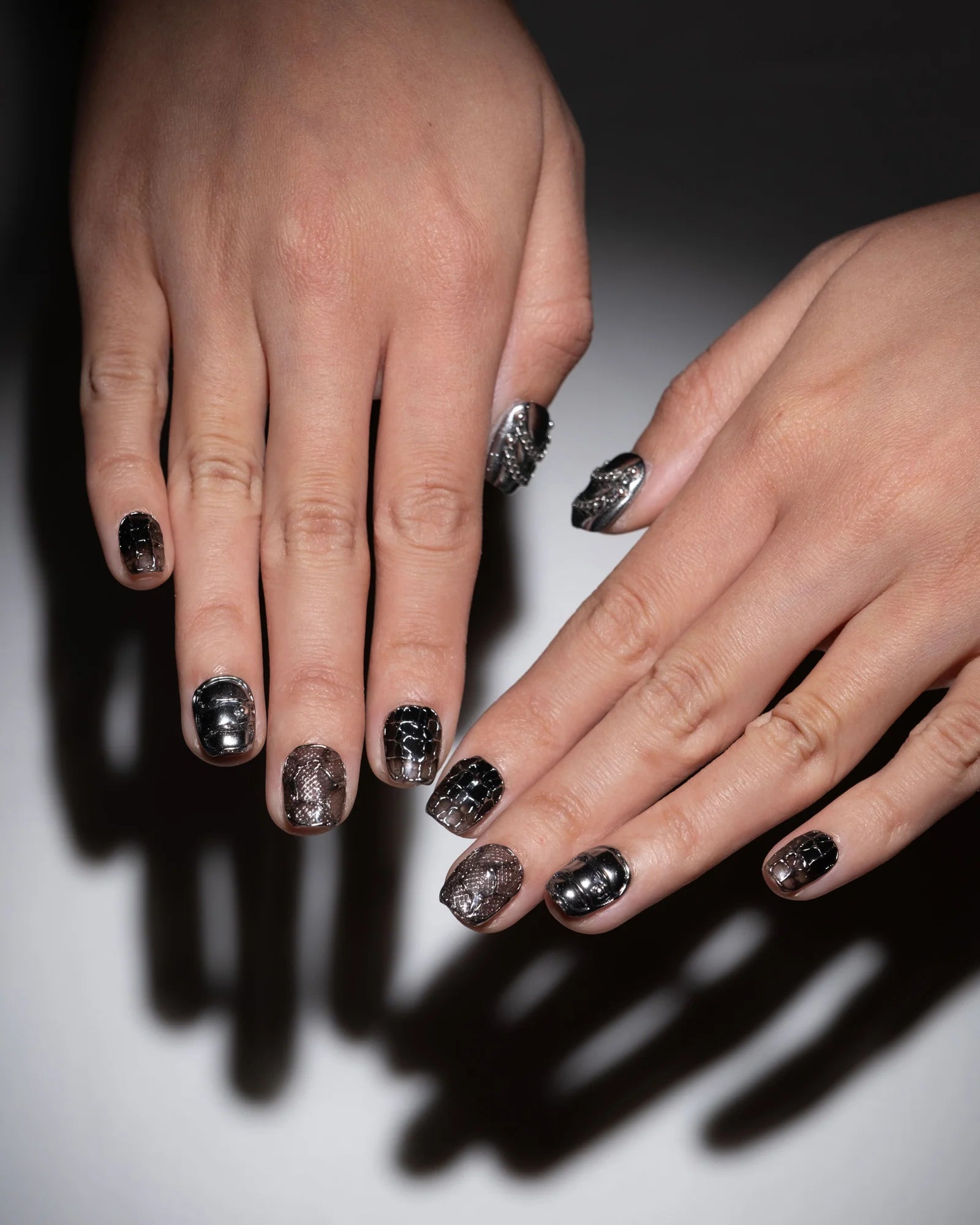Custom Handmade Luxury Press-on Nails Gothic Black with 3D Silver Chrome Charms Y2K Almond Shape | Fake Gel Nails | Reusable Glue